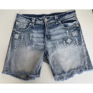 Grace In LA Distressed Embroidered Denim Short Size 28 Bedazzled Rhinestones